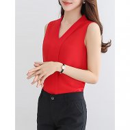 Women daily work complex shirt, solid color V-neck