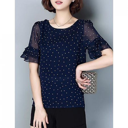 Women go out on weekend retro comfortable shirt, polka dot chiffon, print, ruffle