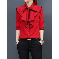 Women daily work fashion slim shirt, striped bow collar, lace