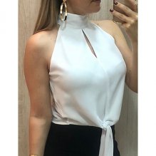 Women slim shirt, solid color halter collar