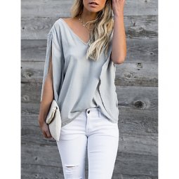 Women daily shirt, solid color V-neck casual