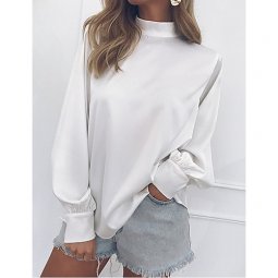 Women daily basic cotton slim shirt, solid color ruffles, vintage style, fashion round neck