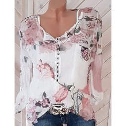 Women daily fashion comfortable loose shirt, floral print V-neck