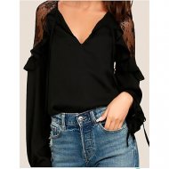 Women daily holiday chic cotton loose shirt, solid color lace V-neck