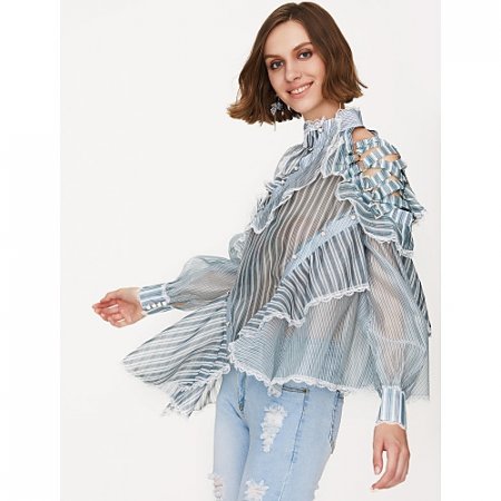 Women daily shirt, striped, ruffled