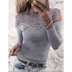 Women daily slim shirt, solid color lace, vintage style, hollow