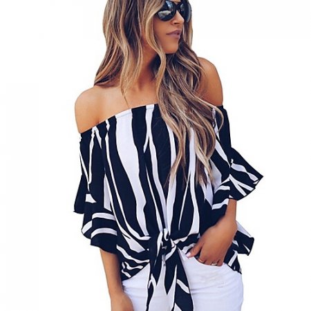 Female Slim Shirt, Striped Off-Shoulder Basic Shirt