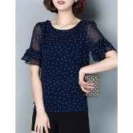 Women go out on weekend retro comfortable shirt, polka dot chiffon, print, ruffle