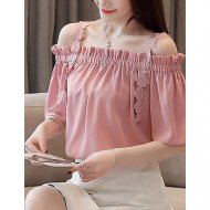 Women daily shirt, solid color, floral cut, ruffled off-the-shoulder
