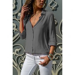 Women daily basic cotton shirt, solid color deep V, sexy