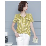 Women holiday casual, everyday elegant and comfortable loose shirt, striped patchwork collar