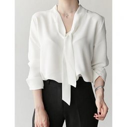 Women daily basic slim shirt, solid color V-neck