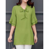 Women daily holiday basic, stylish and comfortable loose shirt, solid color V-neck, lace