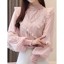 Women shirts go out fashion, sleeved shirts, solid color petticoat lace, patchwork round neck