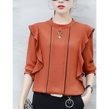 Women daily outing weekend fashion blouse, solid color ruffle