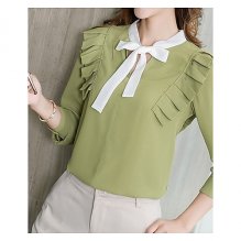 Women shirt, solid color patchwork V-neck