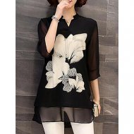 Women daily weekend comfortable loose shirt, floral print V-neck