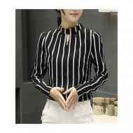 Women Daily Work Retro, Basic Puff Sleeve Slim Shirt, Striped Pleated