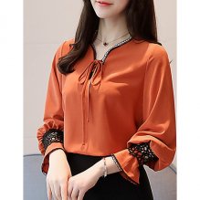 Women daily holiday basic sleeve shirt, solid color lace, patchwork V-neck tie