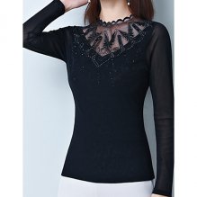 Women daily basic slim shirt, solid color, lace trim