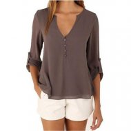 Women Weekend Cotton Shirt, Solid Color V-neck