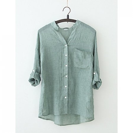 Women daily outing vintage shirt, solid color V-neck
