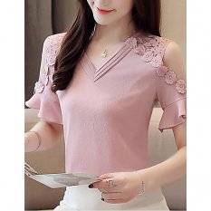 Women daily shirt, solid color, floral cut, bow, ruffled V-neck
